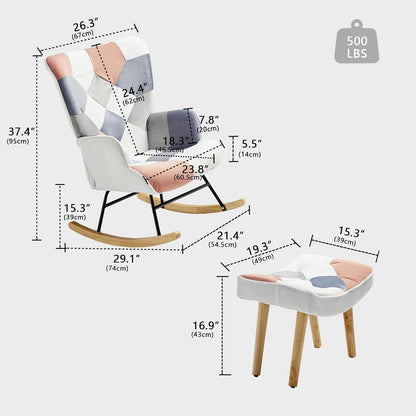 Nursery Rocking Chair, Baby Toddler Glider Rocker with Ottoman, Comfy Accent Chair, for Bedroom Living Room Small Spaces, Patchwork Linen, Colorful