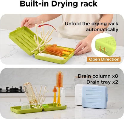 Travel Bottle Brush with Portable Bottle Drying Rack, Baby Bottle Brush for Baby Travel Essential, Blue