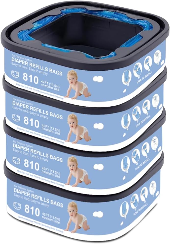 Jumbo Square Refills Disposal Bags Refill Compatible with Genie Diaper Compact, Select Pails (Not Fit Classic),Hold Up to 810 Newborn-Sized Diapers Per Refill,Pack of 4
