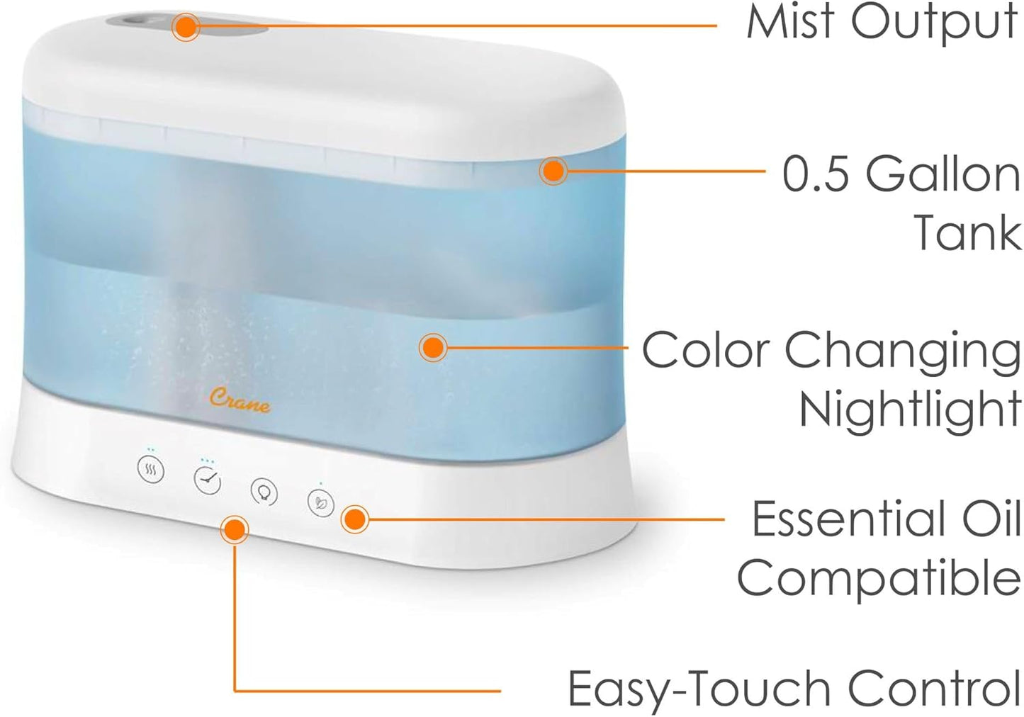 Crane 0.7 Gallon Top Fill Cool Mist Humidifier and Aroma Diffuser, with Color-Changing Night Light and Aroma Diffuser Function, Humidifier For Bedroom, Office or Nursery