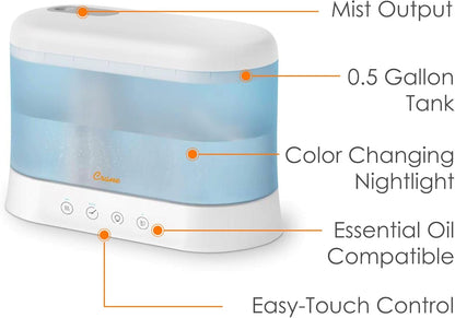 Crane 0.7 Gallon Top Fill Cool Mist Humidifier and Aroma Diffuser, with Color-Changing Night Light and Aroma Diffuser Function, Humidifier For Bedroom, Office or Nursery
