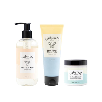 TUBBY TODD Baby Bundle Newborn Skin Care Set - Hypoallergenic Hair + Body Wash, All Over Ointment with Colloidal Oatmeal, Sweet Cheeks Diaper Paste - Fragrance Free, Standard Size