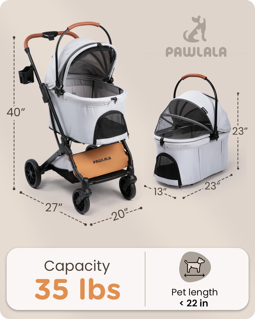 Pet Stroller with Detachable Carrier for Small, Medium Dogs & Cats, Lightweight Foldable Design, Travel-Ready, Compact Storage (Cloud Gray)