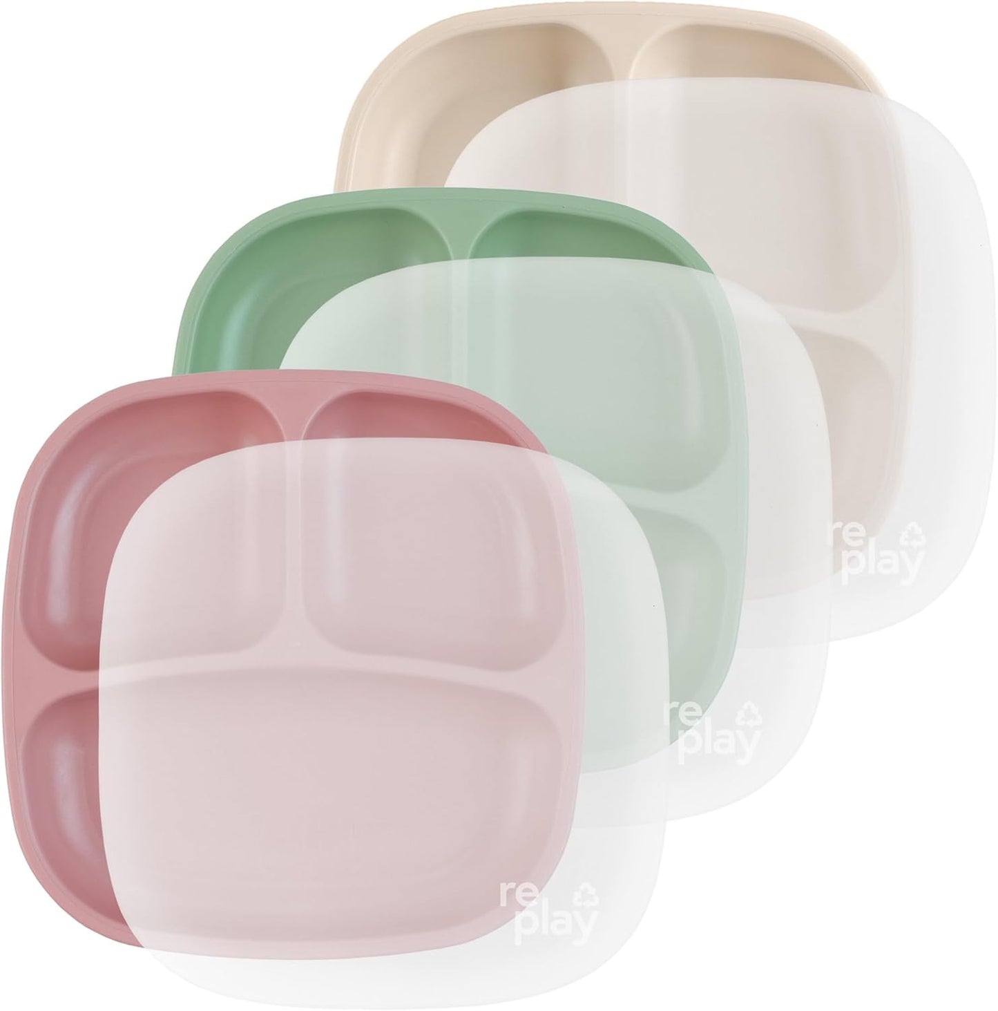 Re-Play Toddler Plates with Dividers - Deep-Walled 3 Compartments Divided Plates for Kids - Dishwasher & Microwave Safe - Made in USA - Set of 3-7.37" x 7.37" x 1.25" - Beach Baby