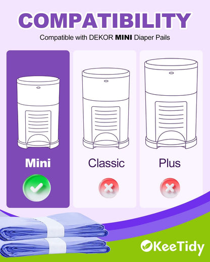 Diaper Pail Refill Bags Compatible with DEKOR MINI Diaper Pails, 20% Extra Length Diaper Bags Disposable with Lavender Flavor, Holds up to 1800 Diapers, 6 Pack