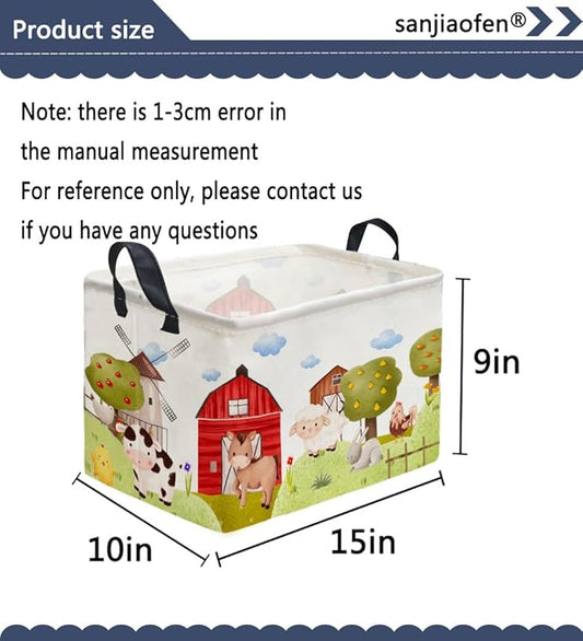 Rectangular Kids Baskets,Farm Baskets for Kids .Waterproof PE Coating Cute Basket with Handles.Boys Bins,Gifts Box,Books Basket. (Farm)