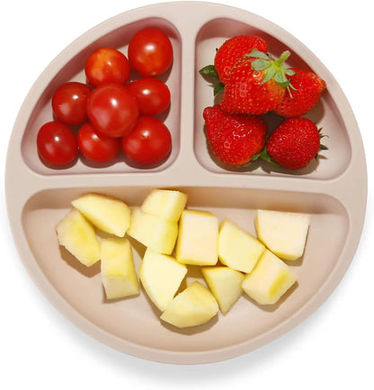 PandaEar 3 Pack Divided Unbreakable Silicone Baby and Toddler Plates - Non-Slip - Microwave Safe - Silicone (Pink Green Light Tan)