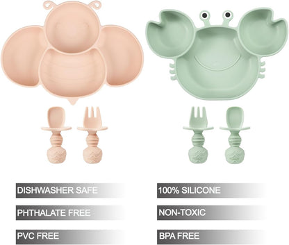 PandaEar 2 Pack Silicone Suction Plates for Toddlers Baby with 4 Spoons Self Feeding, Divided Unbreakable Toddler Plates with Suction, Baby Plates and Utensils Set, Baby Dishes, Green Crab & Pink Bee