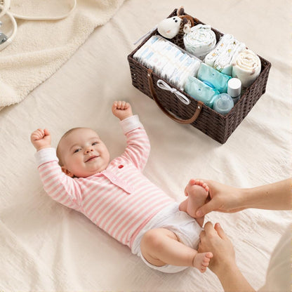 HBlife Large Diaper Caddy Organizer, Washable Waterproof, Portable Plastic Wicker Woven Basket with Divider, Nursery Diaper Station, Baby Shower Gifts Basket & Car Organizer