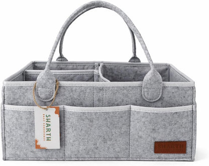 Sharth Baby Diaper Caddy Organizer with Handle, Baby Shower Gifts Basket Bag, Registry Search Must Haves Items, Nursery Storage Organizer for Newborn Girl Boy, Car Diaper Caddy (Gray)