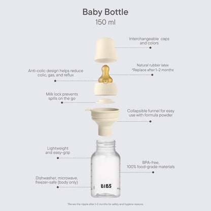 BIBS Baby Bottle 5 oz / 150 ml Silicone Nipple 2 Pack - Anti-Colic, BPA-Free, Round Nipple, Slow Flow, Lightweight & Easy to Clean, Suitable for Newborns 0+ Years - Ivory