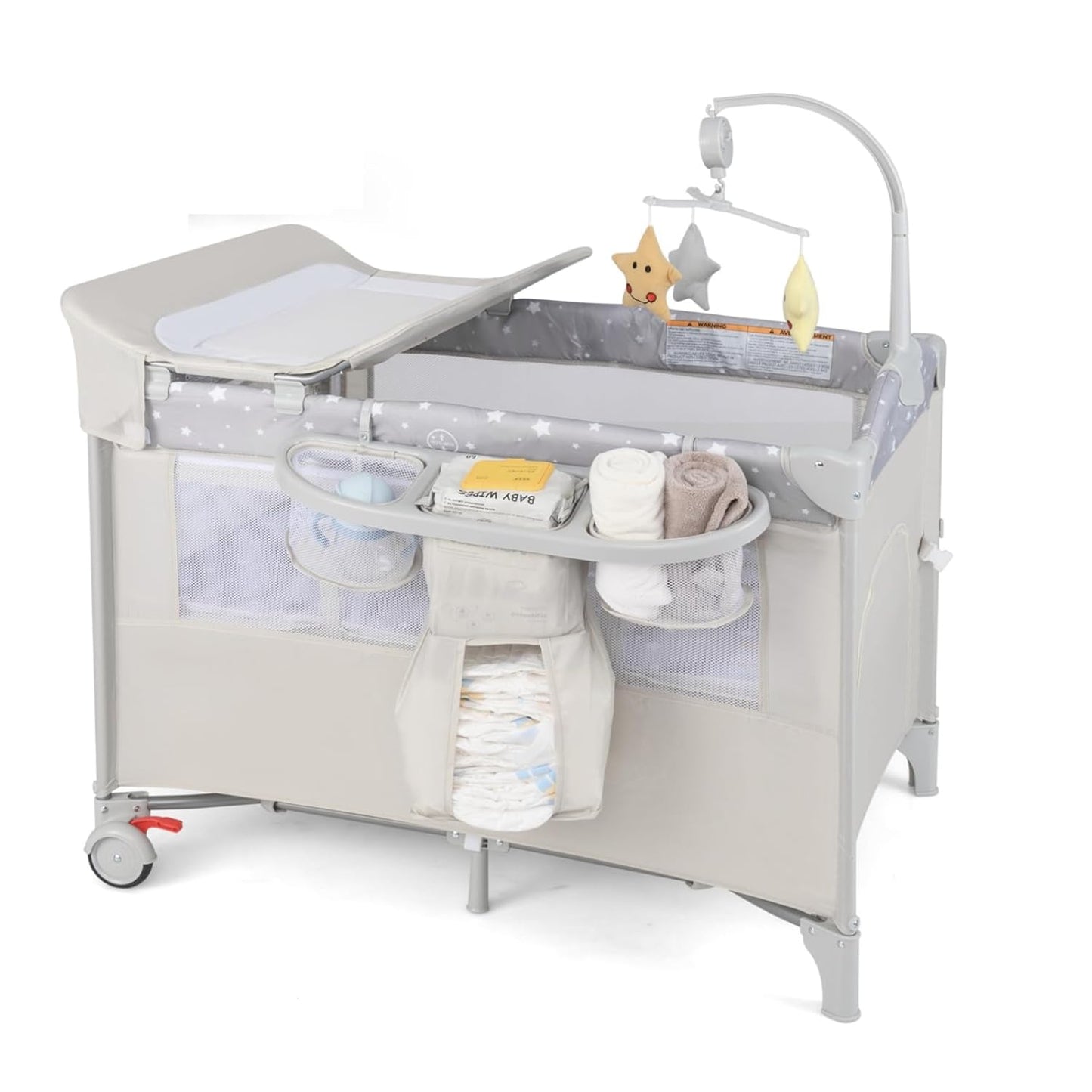 BABY JOY 5-in-1 Pack and Play, Portable Baby Bedside Sleeper with Bassinet, U-Shaped Diaper Changer, Safety Strap, Side Zipper Entrance, Hangings, Bedside Crib Playard from Newborn to Toddlers (Gray)