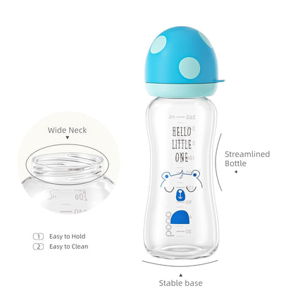 YOHKOH Natural Glass Baby Bottle with Level 1 Slow Flow Nipple, Newborn Anti-Colic Baby Bottles, Wide Neck Mushroom Baby Glass Bottle (Multicolour-A, 3.4oz (Pack of 4))