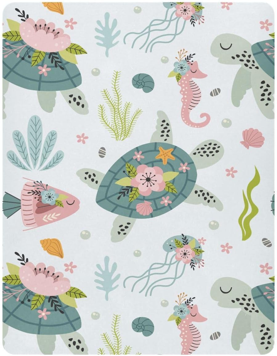Fitted Crib Sheets Turtle Sea Horse Stretchy Portable Playard Sheets for Baby Toddler, Breathable Soft Mini Crib Mattress 39 x 27 in for Boys and Girls