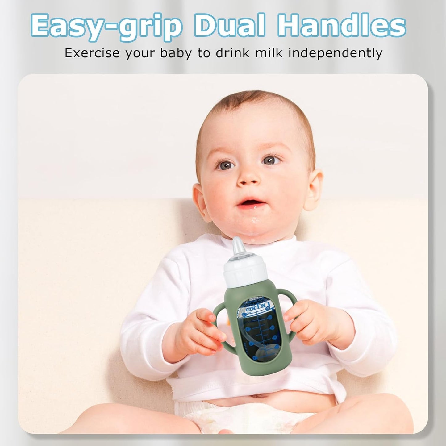 Sippy Straw Cup Conversion Kit with Silicone Sleeves for Dr. Brown's Narrow Glass Baby Bottle 4oz,Anti Breakage Baby Bottles Replacement Kit with Handle and Soft Sippy Spout,6m+,Set of 3