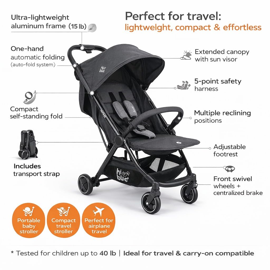HiBud Baby Stroller, Lightweight Compact Stroller with One-Hand Auto Folding, 5-Point Harness, Adjustable Footrest, Multi-Position Recline, Carry Strap, Supports up to 40 lbs (Grey)