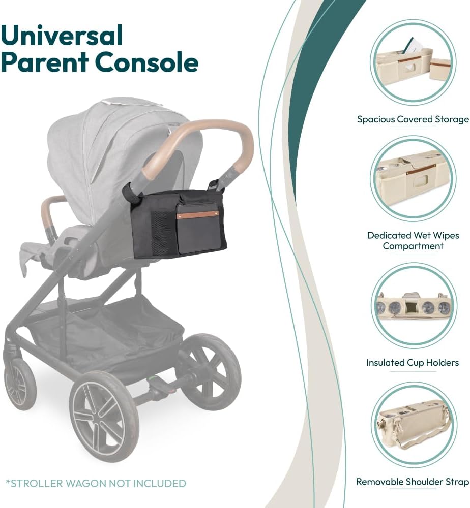 WONDERFOLD Universal Parent Console Stroller Organizer with Insulated Cup Holders, Hook & Loop Closure Handle Attachment, 2 Storage Pockets, Removable Shoulder Strap for Easy Transport