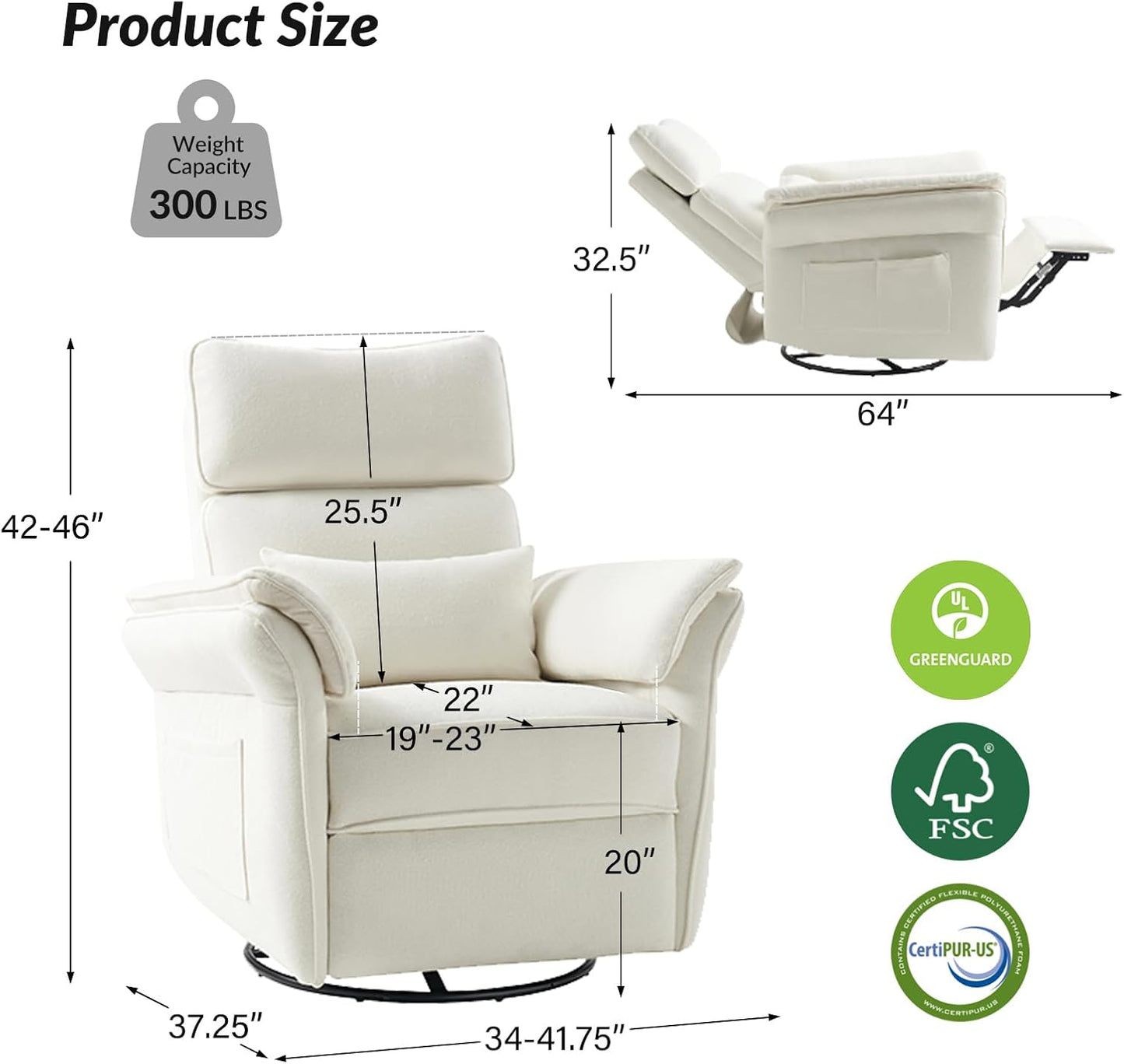 HULALA HOME Nursery Glider Recliner with Adjustable Headrest and Armrests, Power Swivel Rocker Recliner Chair with USB Port and Storage Bags, GREENGARD, FSC, CertiPUR-US® Certified, Beige