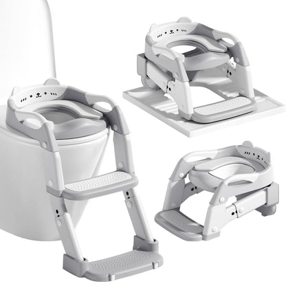 3-in-1 Baby Potty Training Seat with 2 Step Ladder, Splash Guard Anti-Slip Pad, Height Adjustable Toddler Toilet Seat with Soft Cushion for Kids Boys Girls(Grey)