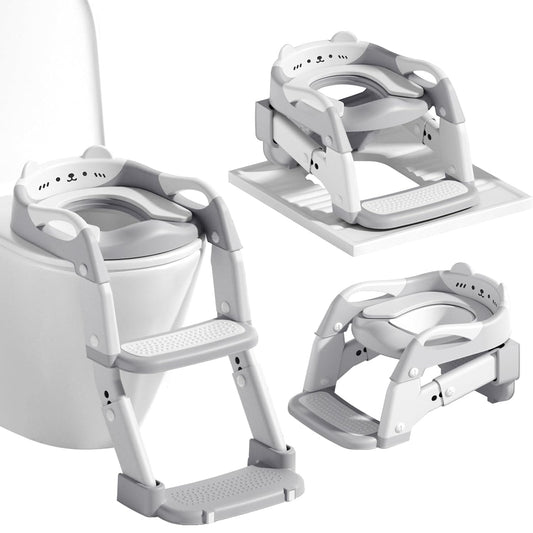 3-in-1 Baby Potty Training Seat with 2 Step Ladder, Splash Guard Anti-Slip Pad, Height Adjustable Toddler Toilet Seat with Soft Cushion for Kids Boys Girls(Grey)