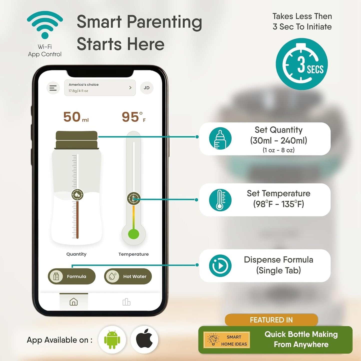 Formula Maker Machine - Upgraded Accurate WiFi Formula Dispenser with Inbuilt Sensors to Prevent Malnutrition - Instant Heating & Automatic Mixing - Quick Warm Bottle (White)