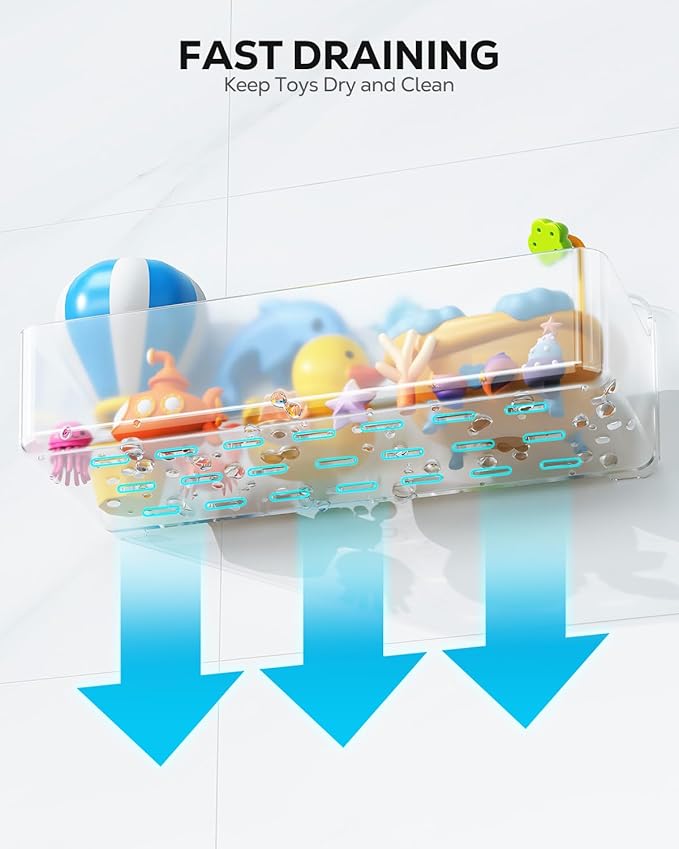 Nieifi Bath Toy Storage Holder, Bathtub Toy Storage, Large Capacity Bath Toy Organizer, Adhesive Shower Caddy for Bathroom, Clear (2 large + 1 small)
