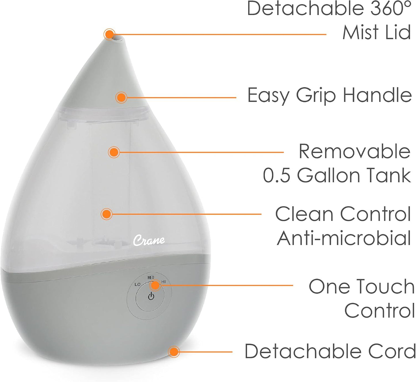 Crane Droplet Ultrasonic Small Air Humidifiers for Bedroom and Office, 0.5 Gallon Cool Mist Humidifier for Plants and Home, Humidifier Filters Optional, White