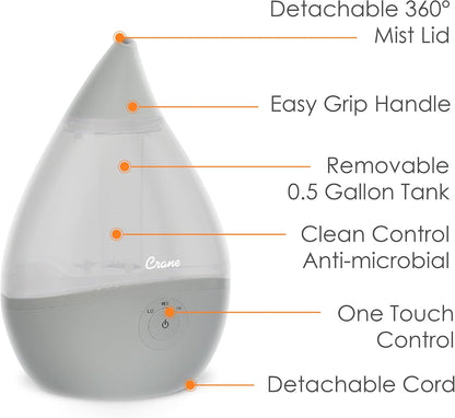 Crane Droplet Ultrasonic Small Air Humidifiers for Bedroom and Office, 0.5 Gallon Cool Mist Humidifier for Plants and Home, Humidifier Filters Optional, White