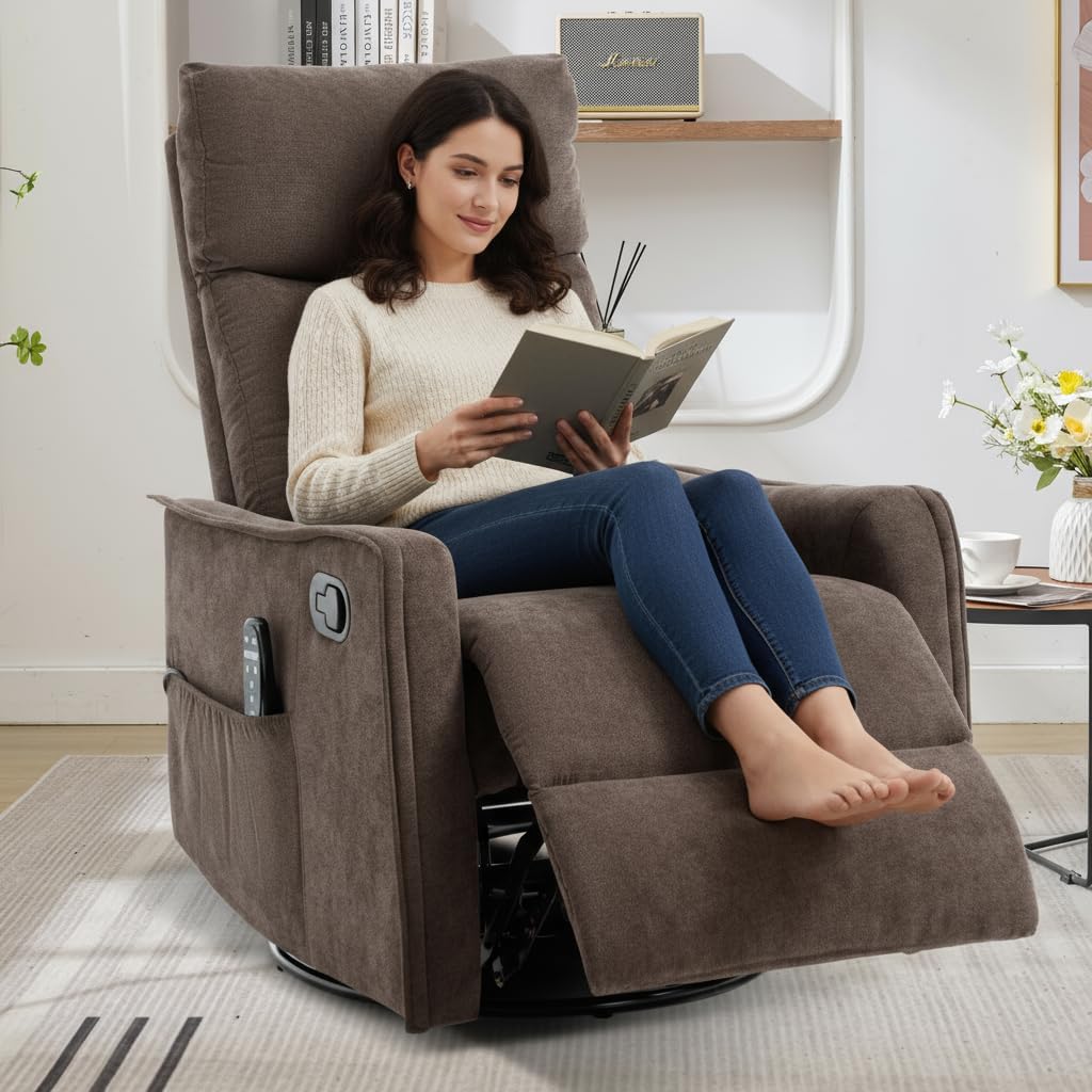 Trustyue Swivel Rocker Recliner Chair, 360° Swivel Recliner with Heat and Massage, Rocker Recliner Nursery Glider Chair with Side Pockets for Living Room (Beige, Fabric)