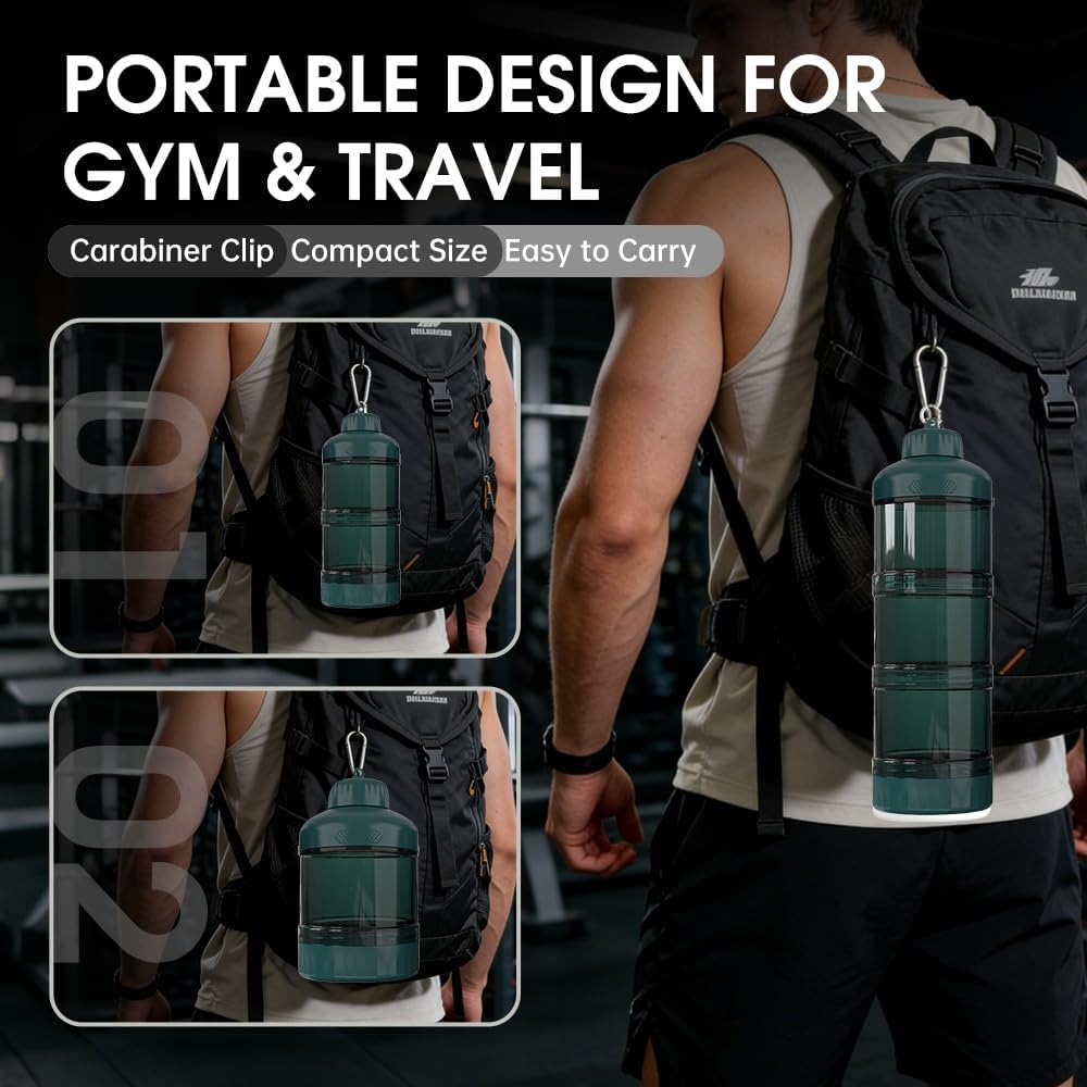 BYLWORKOUT 3-Layer Protein Powder Travel Container with Funnel and Keychain | Portable Food Storage Organizer for Gym, Fitness, Kitchen, Camping, Hiking, and Travel (Ink Blue)