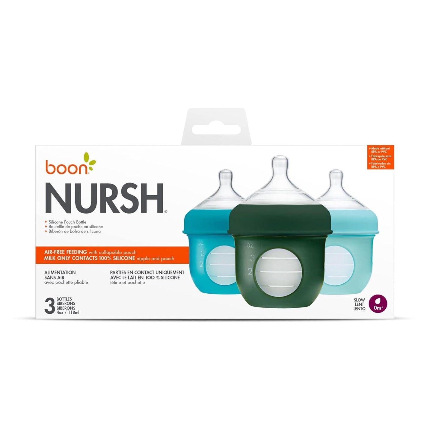 Boon Nursh Reusable Silicone Pouch Baby Bottles - Slow Flow Nipple - Silicone Baby Bottle Pouch and Nipple - Baby Feeding Essentials - Speckle - 0-3 Months - 3 Count - 4 Ounce