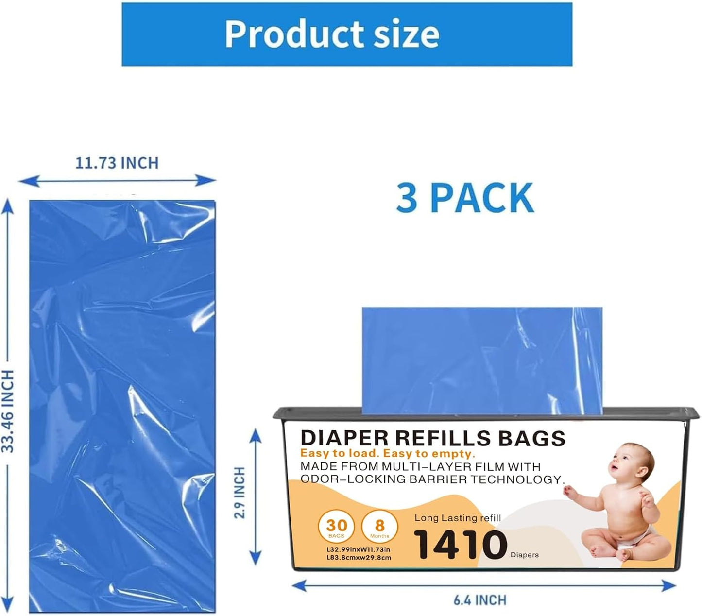 Diaper Pail Easy Roll Refill Bags, Compatible with Genie Easy Roll Signature and Platinum Pails, Each 30 Bags Holds Up to 1410 Newborn Diapers, 7-Layer Odor-Barrier Technology, 3 Pack (90 Bags)