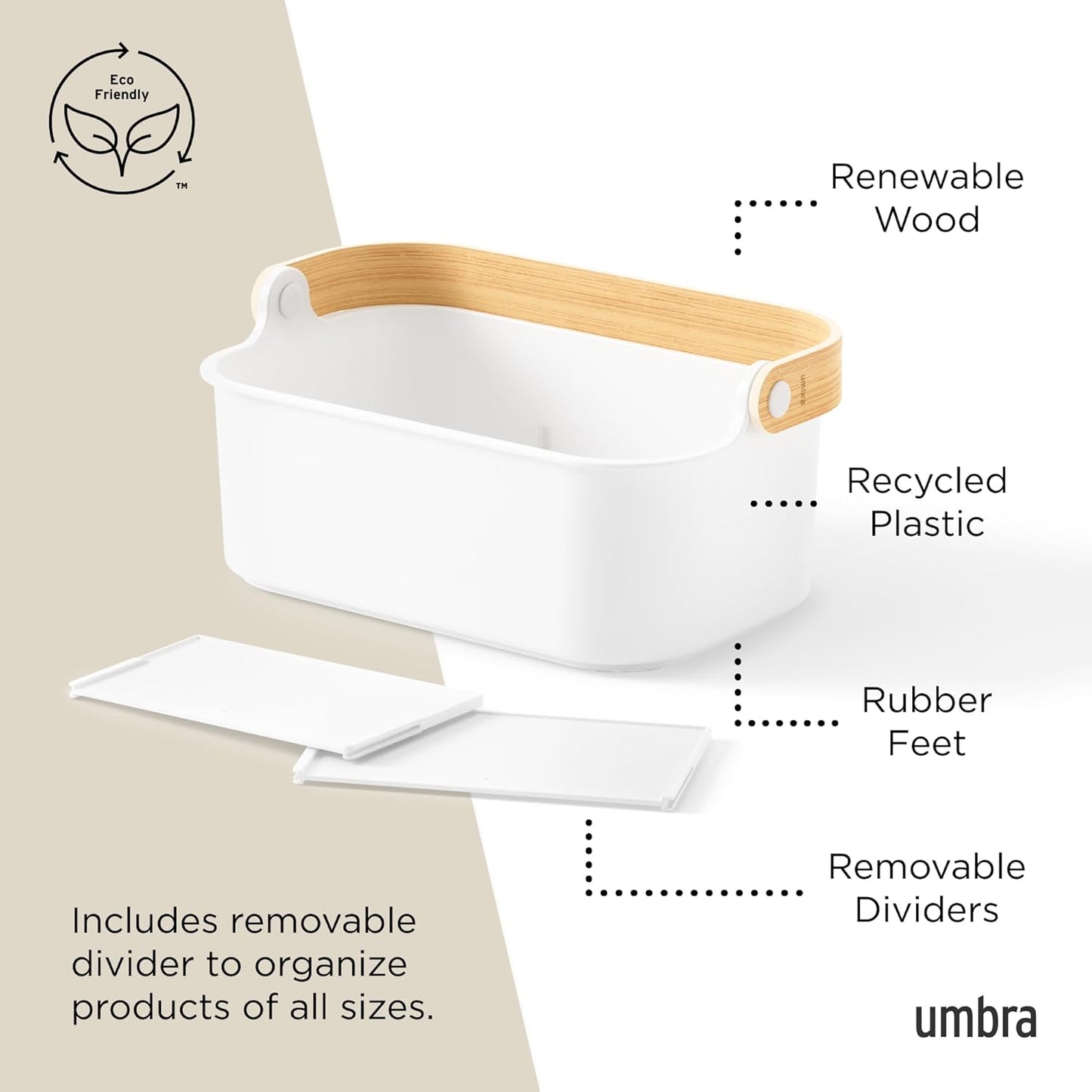 Umbra Bellwood Stackable Bin, 14" x 10" Durable Lightweight Container with Wooden Handle and Removable Dividers, Black/Walnut