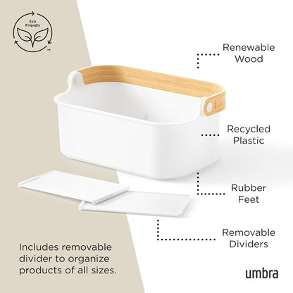 Umbra Bellwood Stackable Bin, 14" x 10" Durable Lightweight Container with Wooden Handle and Removable Dividers, Black/Walnut