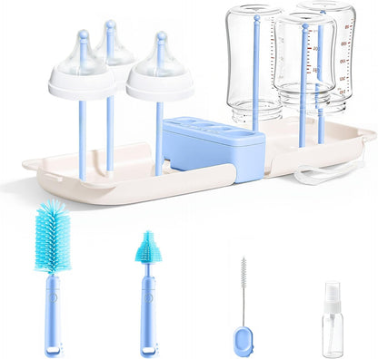 Travel Baby Bottle Cleaner Kit，7-in-1 Baby Bottle Brush Set for Travel and Home, All-in-One Baby Bottle Washing Kit: Integrated Cleaning & Drying System for Bottles and Breast Pump Parts (Green)