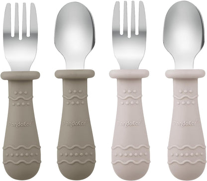 PandaEar Silicone Baby Feeding Set| 2 Pack Silicone Divided Suction Plate and 2 Pack Tiny Cup with 2 Spoons 2 Forks| Baby Led Weaning Supplies Self Feeding Eating Utensils (Light Tan/Walnut)