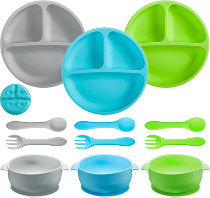 CHENGU 12 Pcs Silicone Bowl with Suction Set for Baby Toddler with Suction Plate, Spoon and Fork, Divided Design Baby Feeding Utensils Weaning Kit, Dishwasher and Microwave Safe