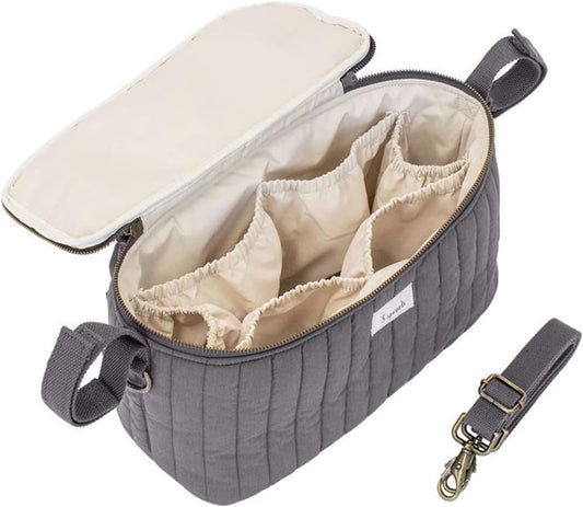 3 Sprouts Universal Quilted Stroller Organizer with Cup Holder and Zip Top - Durable Caddy Accessory with Storage - Shoulder Strap Converts Organizer to Small Diaper Bag - Gray