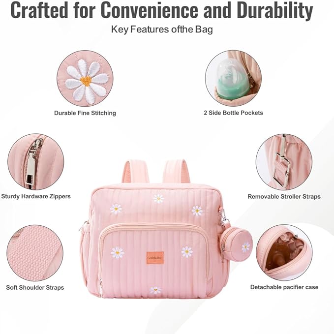 GOBABYMART Diaper Bag Backpack, Medium Maternity baby bag & Changing Pad, Diaper Bag Tote, Insulated Pockets, Hospital Bag (Medium - Pink Flowers)