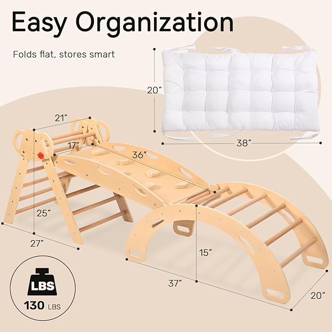 WINGYZ Pikler Triangle Set, Montessori Foldable 8-in-1 Jungle Gym with Reversible Animal Slide, Patent-Protected Climbing Set, Safe 2.35" Gap ASTM F963 Standards for Toddlers 18 Months-7 Years (Teak)