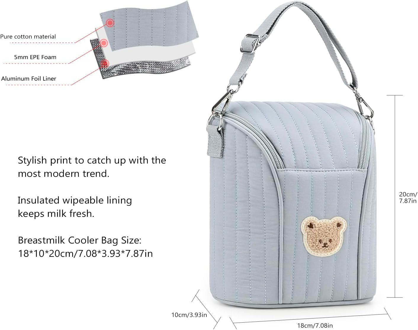 Lmbabter Embroidered Bear Stroller Organizer Tote Bag, Bottle Insulation Pouch, Portable Cooler Storage Essential for Milk/Breast Pump,Baby Travel Supplies (Black)