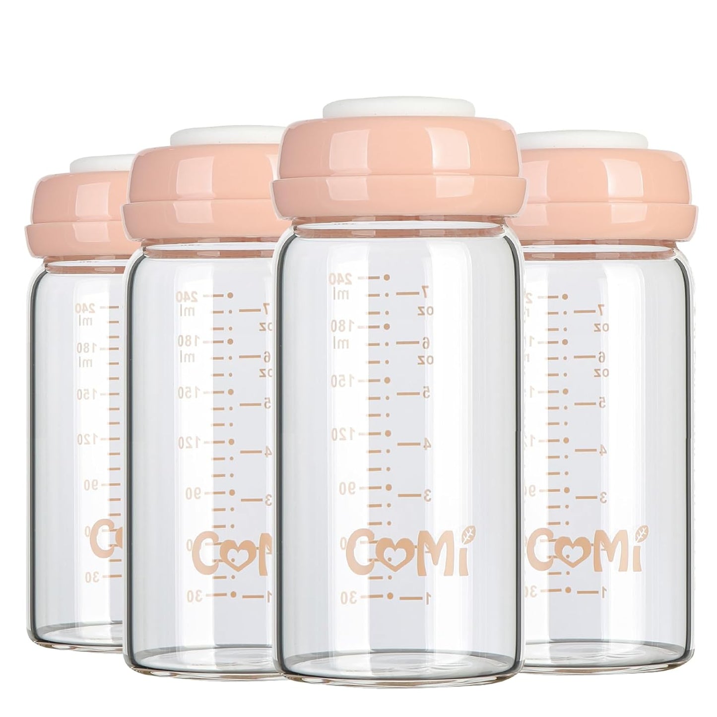 COMI Wide Neck Glass Breastmilk Collection n Storage Bottle, 4 Packs,10oz with Screw Ring Sealing Disk,Re-markable Sealing Disc,BPA Free,Fits Breast Pumps&Nipples(4 Green Lids)