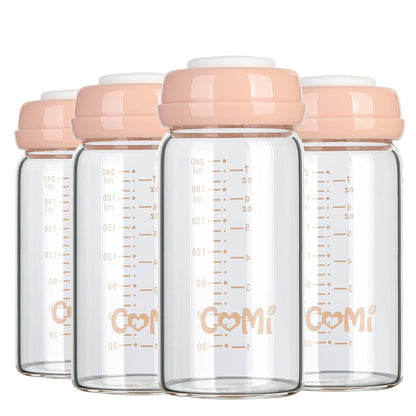 COMI Wide Neck Glass Breastmilk Collection n Storage Bottle, 4 Packs,10oz with Screw Ring Sealing Disk,Re-markable Sealing Disc,BPA Free,Fits Breast Pumps&Nipples(4 Green Lids)