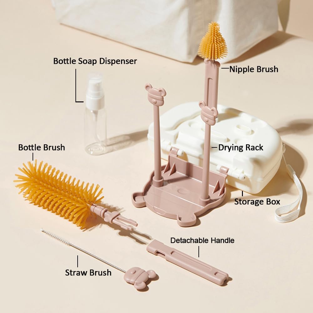 Baby Bottle Drying Rack and Cleaning Set, 7 in 1 Bottle Cleaning Brush Set with Silicone Bottle Brush, Straw Brush, Nipple Brush, Soap Dispenser, Storage Box, Drying Rack for Baby Bottle (Brown)