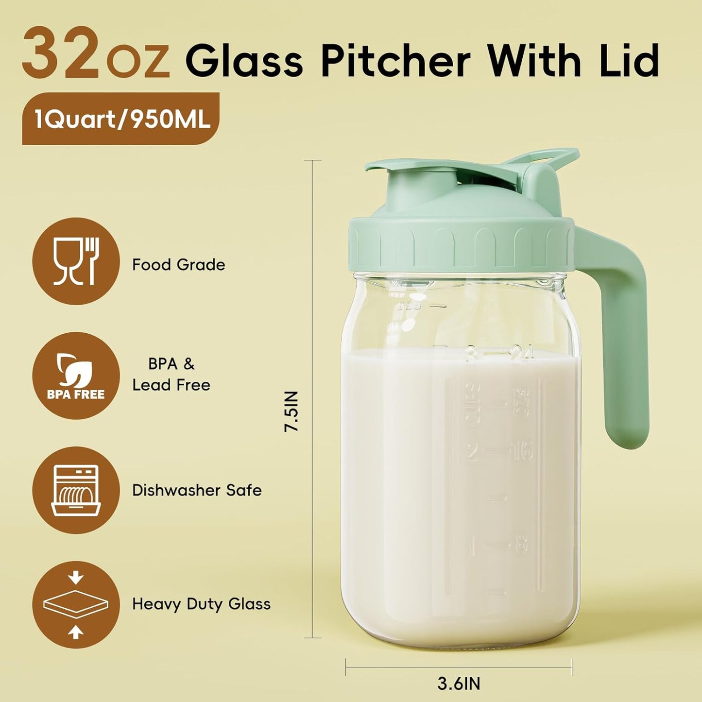 JunVpic Breast Milk Pitcher - 32 oz Glass Mason Jar with Dual Leak-Proof Design, Airtight Seal, Pour Spout & Handle, Storage Container for Breastmilk, Iced Tea & Ice Drinks（Gray）