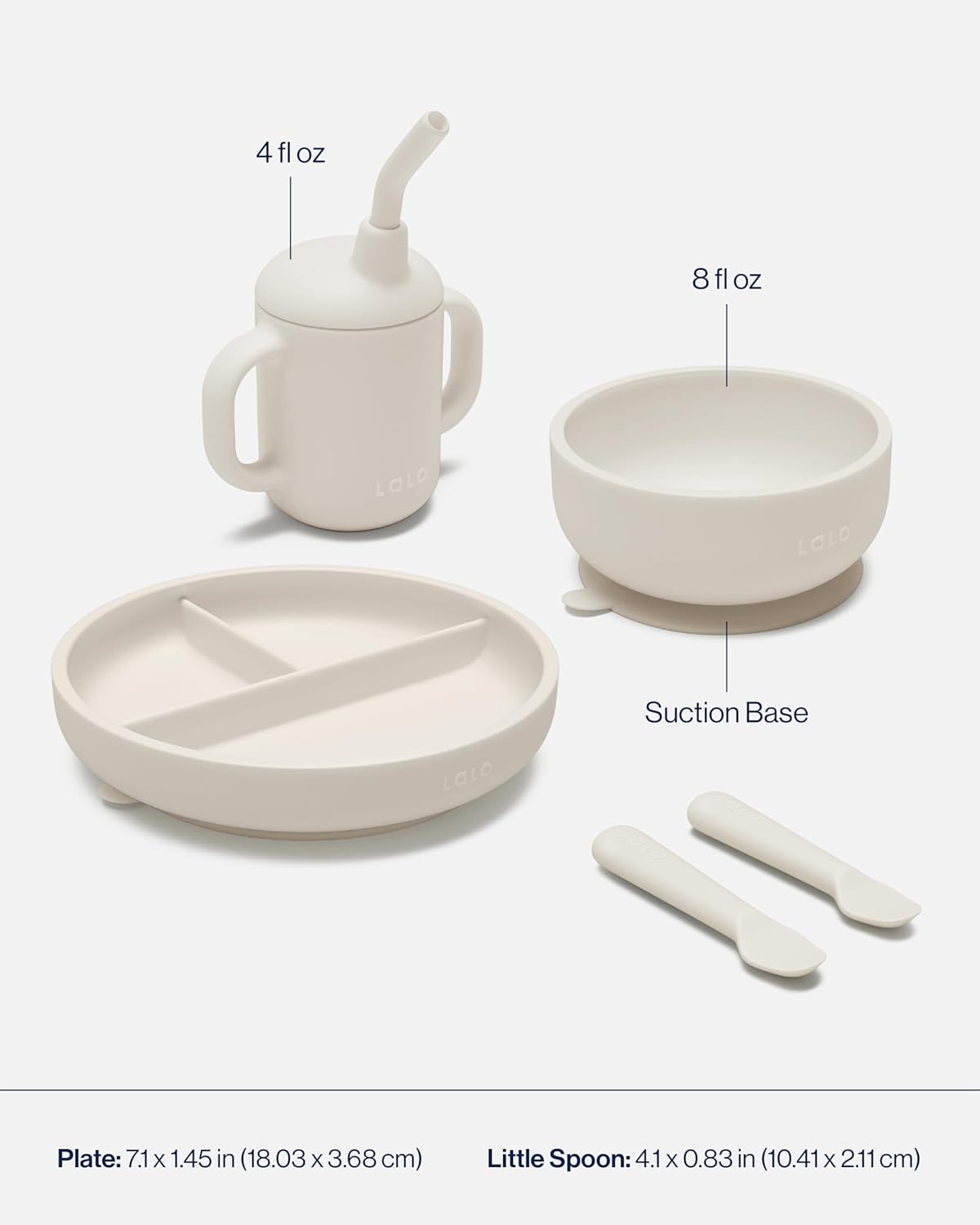 Lalo First Bites Silicone Baby Feeding Set - Baby Led Weaning Supplies - Non-Toxic Silicone - Includes 1 Bib, 2 Spoons, Training Cup, Suction Plate and Bowl - 6 Pieces - Blueberry