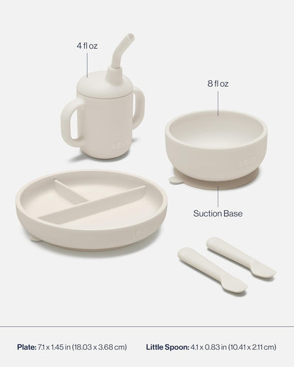 Lalo First Bites Silicone Baby Feeding Set - Baby Led Weaning Supplies - Non-Toxic Silicone - Includes 1 Bib, 2 Spoons, Training Cup, Suction Plate and Bowl - 6 Pieces - Blueberry