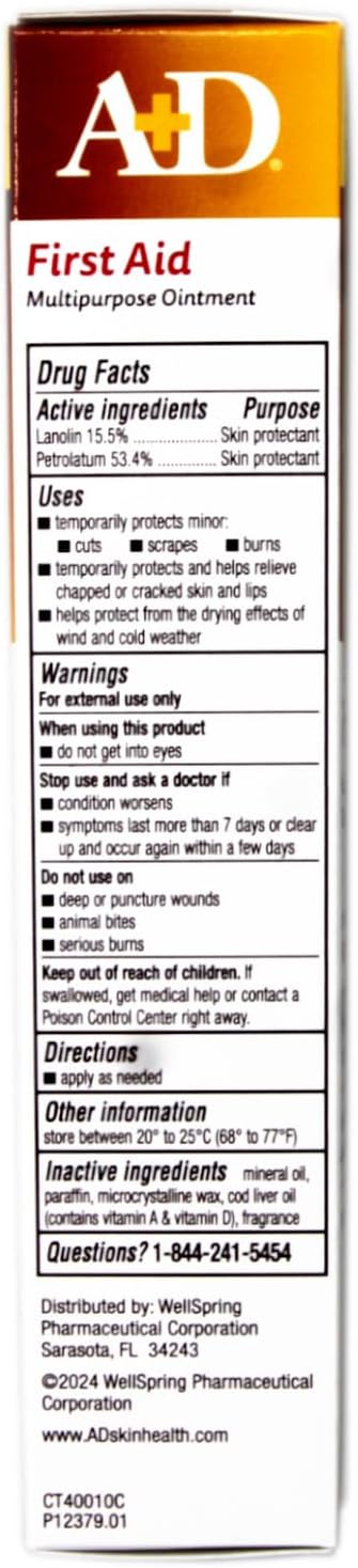 A+D First Aid Multipurpose Healing Ointment - Moisturizing Skin Protectant for Dry Cracked Heels, Elbows, Hands and Lips - Protects Minor Cuts, Burns, & Scrapes – 4 oz Tube