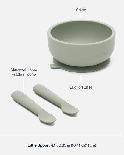 Lalo First Bites Silicone Baby Feeding Set - Baby Led Weaning Supplies - Non-Toxic Silicone - Includes 1 Bib, 2 Spoons, Training Cup, Suction Plate and Bowl - 6 Pieces - Blueberry