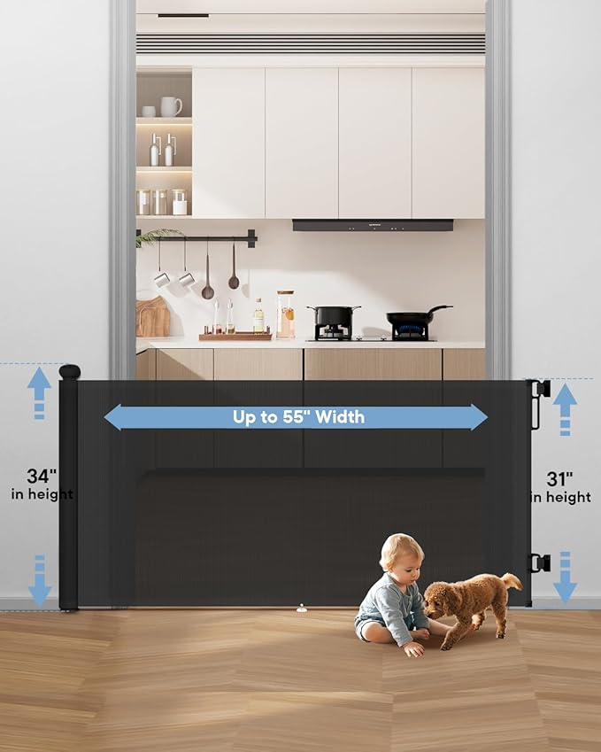 Retractable Baby Gate - 55" Wide Mesh Pet Gate with Anti-Crawling Hook, Safety Lock, One-Hand Operation, 34" Tall Baby Gate for Stairs, Doorways, Hallways, Garage, Indoor Outdoor, Black